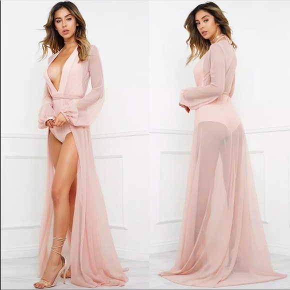 Pink sheer long duster Hollywood robe lingerie yacht lounge cover up bikini sexy - Picture 4 of 5